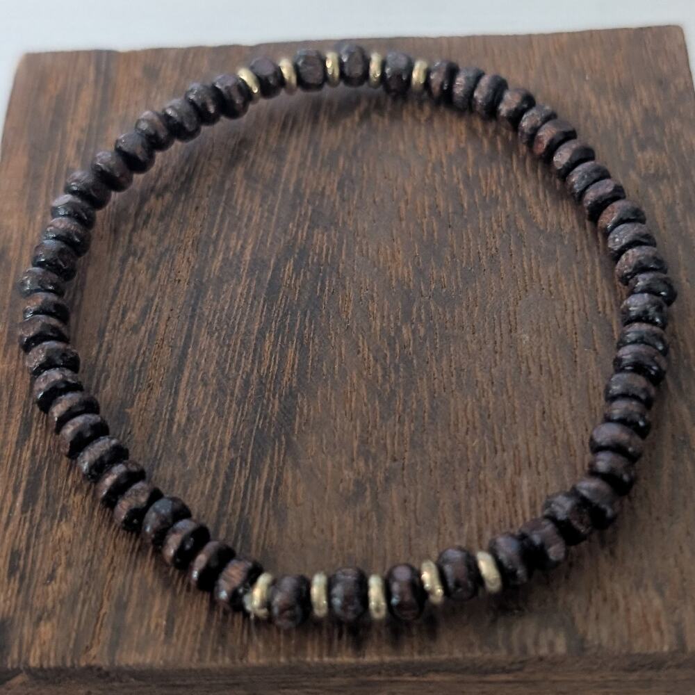 Dark Brown Stretch Bracelet with Gold Tone Accents - Thin